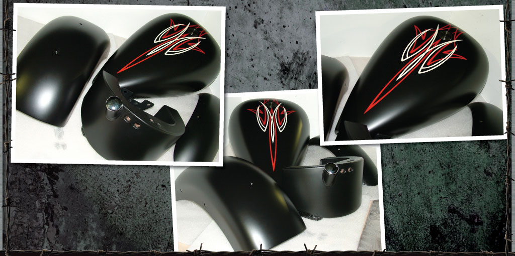 Custom Harley set in satin black with red and cream pin striping