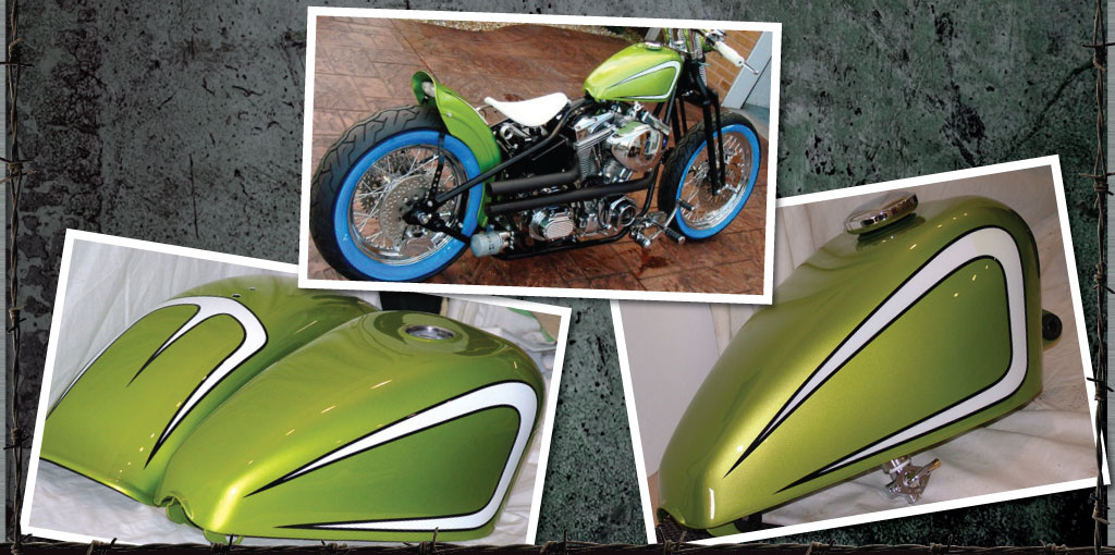 Harley Davidson custom painted bike. Lime green with white scallops and black pin stripe