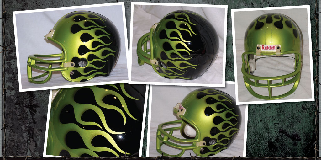 American football helmet painted black with lime green flames