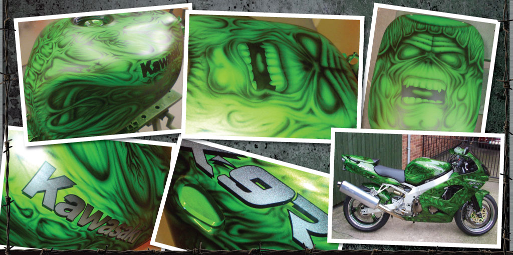 Kawasaki with green stretchy skin and Eddie face