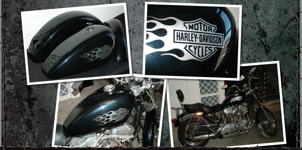 Harley davidson Sportster. Black with silver flame logo