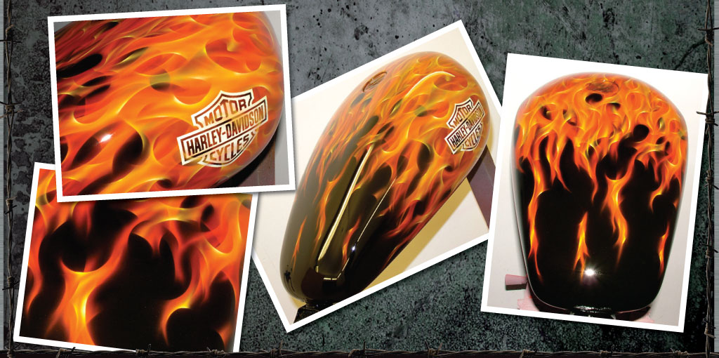 Harley tank with true fire airbrushed design