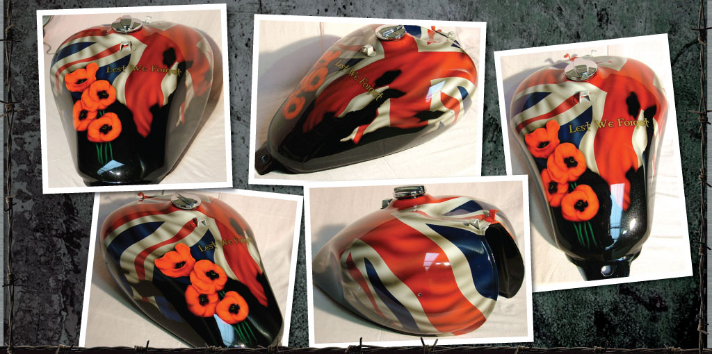 Lest we Forget. Triumph tank. Airbrushed poppies and UK flag