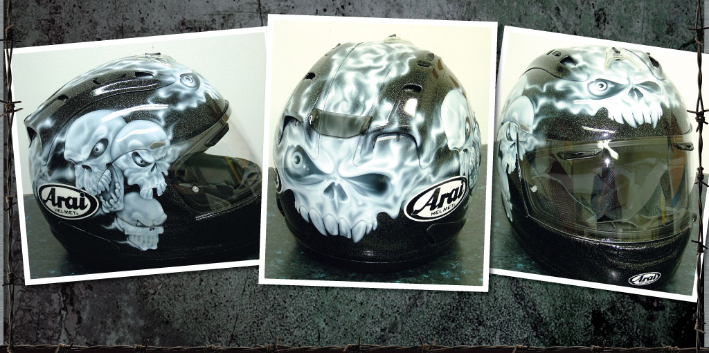 Arai lid in metal flake background with crazy skulls design